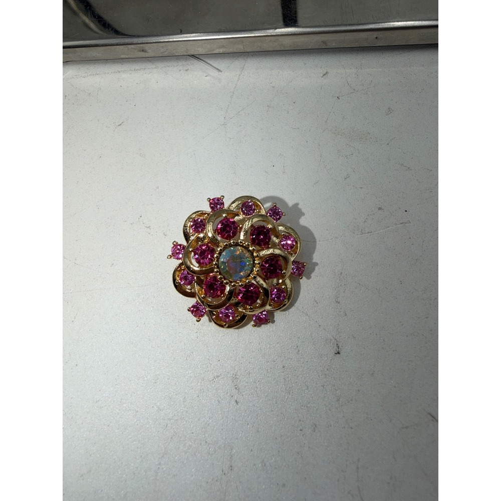 Gold Tone Pink Rhinestone AB Crystal Floral Brooch Pin